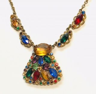Vintage Exquisite Multi Colored Open Back Glass & Rhinestone Necklace