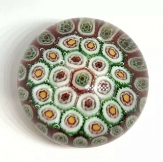Vintage Art Glass Blown Murano Millefiori Red And Green Flower Paperweight