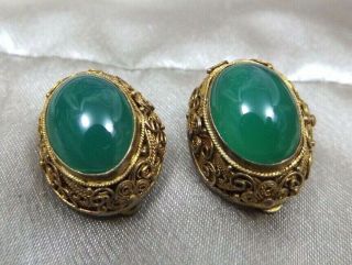 Vintage Costume Earrings Jade Green Glass Cabochon Gold Tone Petite Clip On 3/4 "