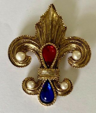 Vintage Gold Tone Rhinestone Faux Pearl Fleur De Lis Brooch Pin Jewelry