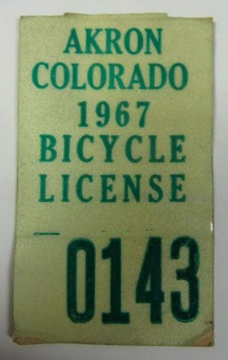 Vintage 1967 Akron,  Colorado Bicycle Bike Tag License Registration Sticker 0143