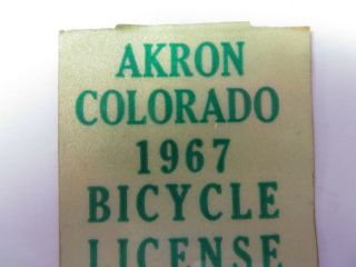 Vintage 1967 AKRON,  COLORADO Bicycle Bike Tag License Registration Sticker 0143 3