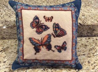 Vintage Needlepoint Pillow Wool Cover Only Butterfly Print Zipper Square