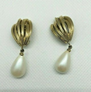 Vintage Givenchy Gold Tone Tear Drop Faux Pearl Dangle Clip On Earrings