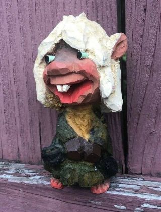 Vintage “henning” Norway Hand Carved Wood Folk Art Happy Troll Figurine 5” Tall