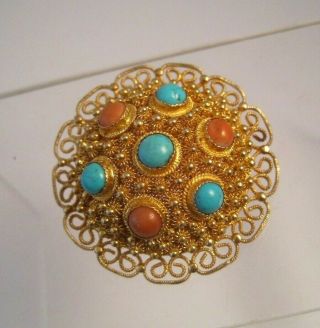 Vtg Sterling Silver Vermeil Coral Turquoise Glass Cabochon Cannetille Pin Brooch