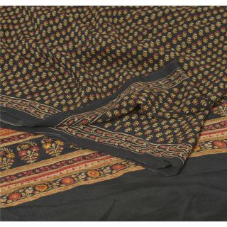 Sanskriti Vintage Black Saree 100 Pure Crepe Silk Printed Fabric Craft Sari
