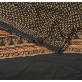 Sanskriti Vintage Black Saree 100 Pure Crepe Silk Printed Fabric Craft Sari 2