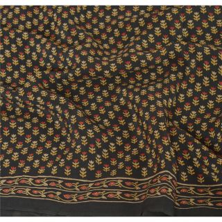 Sanskriti Vintage Black Saree 100 Pure Crepe Silk Printed Fabric Craft Sari 5