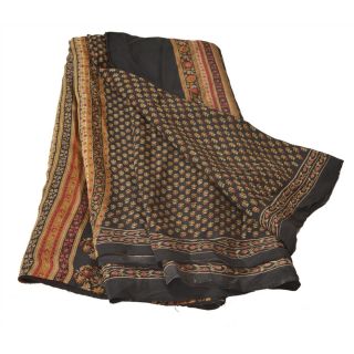 Sanskriti Vintage Black Saree 100 Pure Crepe Silk Printed Fabric Craft Sari 6