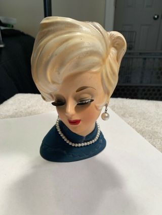 Vintage Blonde Lady Head Vase Pearls Earrings Enesco? 6.  5” Tall