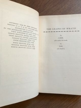 THE GRAPES OF WRATH by John Steinbeck - 1st/8th Print HCDJ - Viking 1939 5