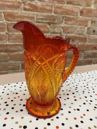 Vintage Orange Red Ornate Glass Pitcher 2