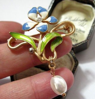 Vintage Style Art Nouveau Pretty Enamel Crystal & Pearl Flower Drop Pin Brooch
