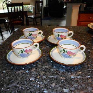 Vintage Stangl Fruit & Flowers 5 1/2 " Set Of (4) Cups And Saucers