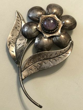 Vtg 1940s Old Mexico Mexican Sterling Silver Amethyst Flower Rose Brooch Pendant