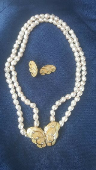 Vtg Kjl Kenneth J Lane Necklace Earrings Butterfly Rhinestone Enamel Faux Pearl