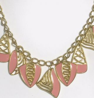 Vintage Pink Enamel & Gold Tone Charm Necklace