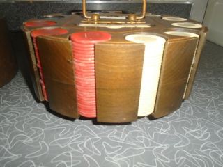 Vintage Poker Chip Set Carousel Wood Caddy Holder w/original Cover 5