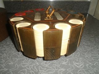 Vintage Poker Chip Set Carousel Wood Caddy Holder w/original Cover 6