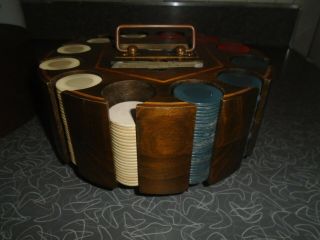 Vintage Poker Chip Set Carousel Wood Caddy Holder w/original Cover 7