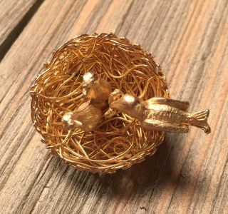 Vintage Jeanne Bird Nest Brooch Pin Costume Jewelry Baby Birds Worm
