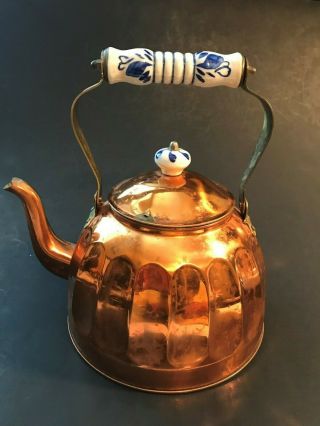 Vintage Copper Tea Kettle With Blue & White Ceramic Handle And Lid Knob