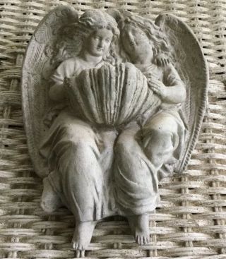 Vintage Angels And Shell Pocket Wall Sculpture Statue Plaque,  Concrete Cement