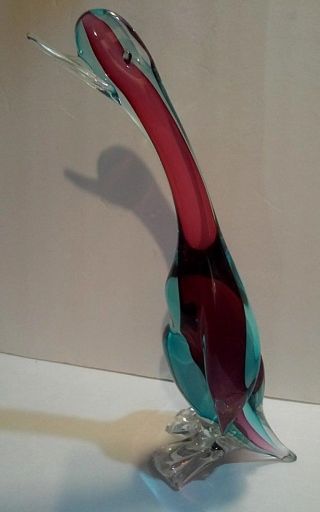 Vintage 14 1/2 " Murano Italian Art Glass Duck Swan Goose Figurine Blue/ Red