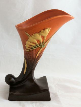 Vintage Roseville Pottery Freesia Brown Cornucopia 198 - 8 Horn Vase 8 "