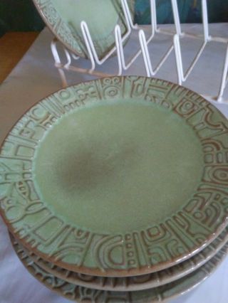 4x Frankoma Pottery Prairie Green Mayan Aztec Vintage 7 " Lunch Plates Ada Clay