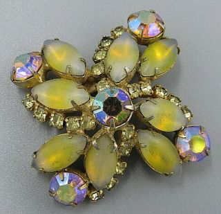 High End Vintage Jewelry Yellow Vaseline Glass Flower Brooch Pin Rhinestone Loty