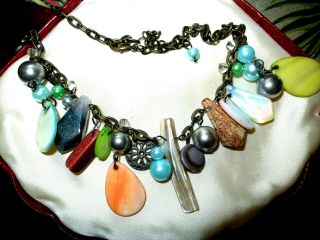 Vintage Moonstone Glass Charm Abalone Pearl Beaded Necklace