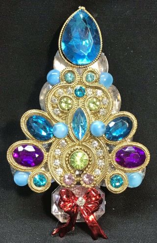 Colorful Vintage Glass & Rhinestone Christmas Tree Pin Brooch Laheir