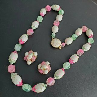 Signed Hong Kong Vtg Pink & Green Givre Glass Necklace Cluster Earrings Set Q47