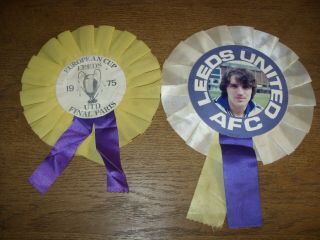 2x Vintage Leeds United Fan Rosettes - Including 1975 European Cup Final (paris)