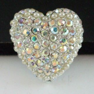 Sweet Vintage Ab Rhinestone Heart Pin Brooch W/faux Pearls Around The Edges