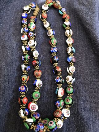Vintage Millefiori Flower Beaded Necklace 22” Art Glass Multi Color Hand Knotted