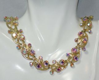 Vintage Gold Tone Pink Aurora Borealis Rhinestone 19 " Necklace 1f 81