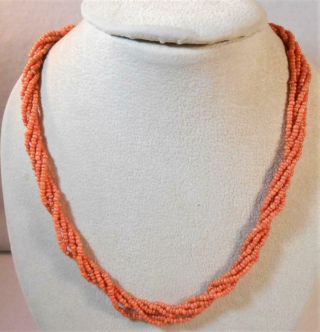 Vintage Five Strand Tiny Hand Fashioned Coral Beads Necklace - Estate Find