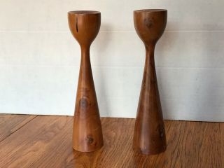 Vintage Mid - Century Teak Wood Danish Candle Stick Holders