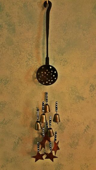 Hand Made Rustic Vintage Cast Iron Wind Chime W Glass Beads & Rusty Stars