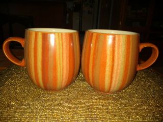 Set Of 2 Vintage Denby Fire Chilli Orange & Rust Stripes Coffee Mugs 4” Tall 