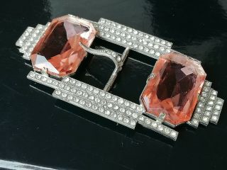 Vintage Jewellery Silvertone Diamante And Pink Art Deco Style Buckle