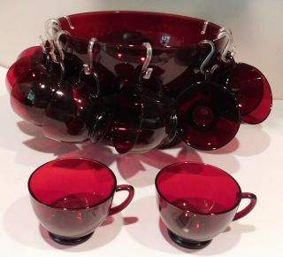 Vintage Anchor Hocking Ruby Red Glass Punch Bowl Set Base & 12 Cups Euc