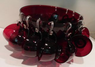 Vintage Anchor Hocking Ruby Red Glass Punch Bowl Set Base & 12 Cups EUC 2