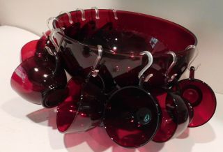 Vintage Anchor Hocking Ruby Red Glass Punch Bowl Set Base & 12 Cups EUC 3