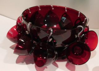 Vintage Anchor Hocking Ruby Red Glass Punch Bowl Set Base & 12 Cups EUC 4