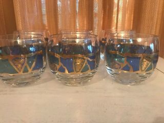Vintage Georges Briard - Set Of 6 Roly Poly Glasses - Blue Green & Gold