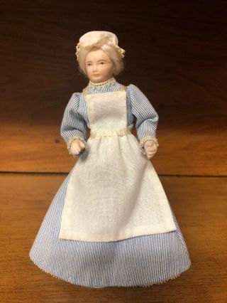 Vintage Miniature Porcelain Dollhouse Doll In 1:12 Scale Old Maid,  Housekeeper